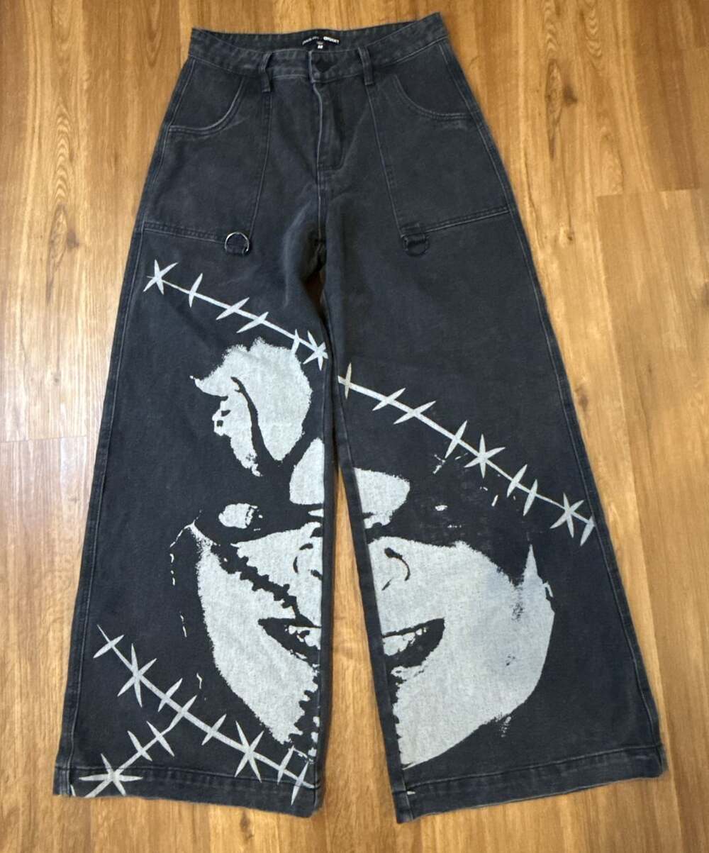 Dolls Kill x Chucky Wide Leg Jeans Size M Black Graphic Denim